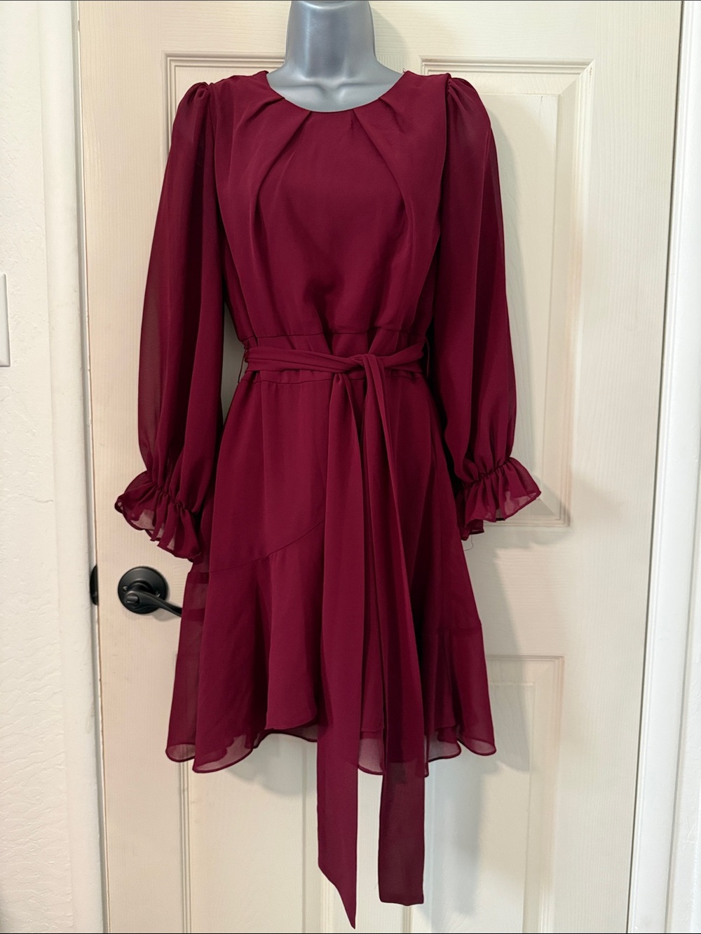 B Darlin Wine Chiffon Long-Sleeve Tie-Waist Dress